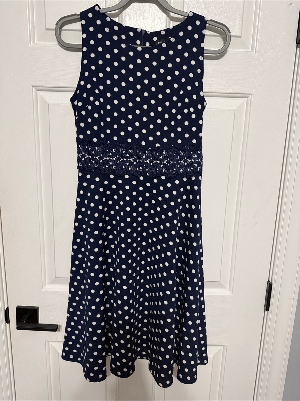 Navy Polka Dot Midi Dress with Lace Waist